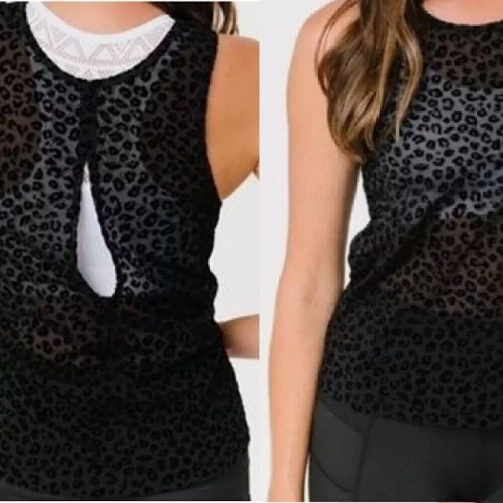 Active Tank Womens Large Black Sheer Animal Print Open Back Athleisure ZYIA